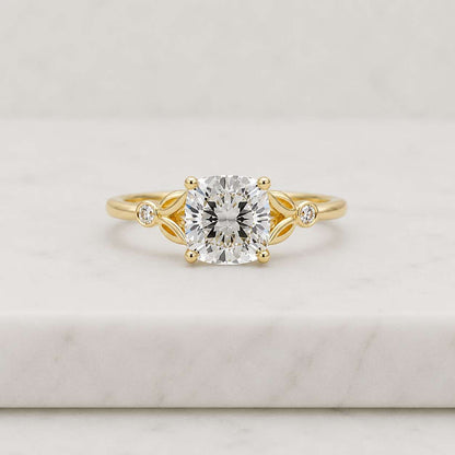 cushion cut ring solitaire ring engagement ring promise ring bridal ring yellow gold ring thin band ring leaf ring nature ring vine ring floral ring bezel accent ring side stone ring