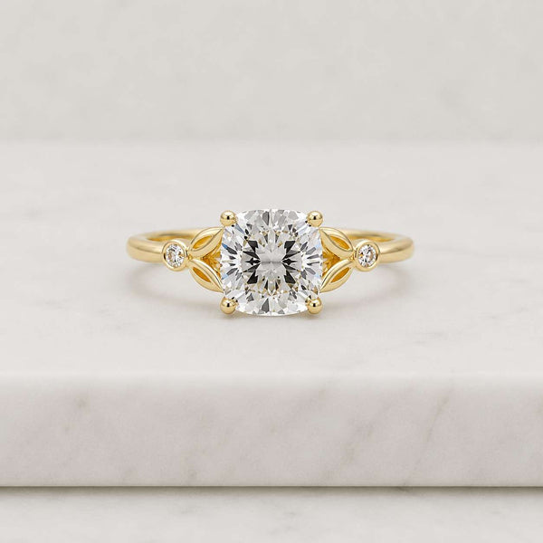cushion cut ring solitaire ring engagement ring promise ring bridal ring yellow gold ring thin band ring leaf ring nature ring vine ring floral ring bezel accent ring side stone ring