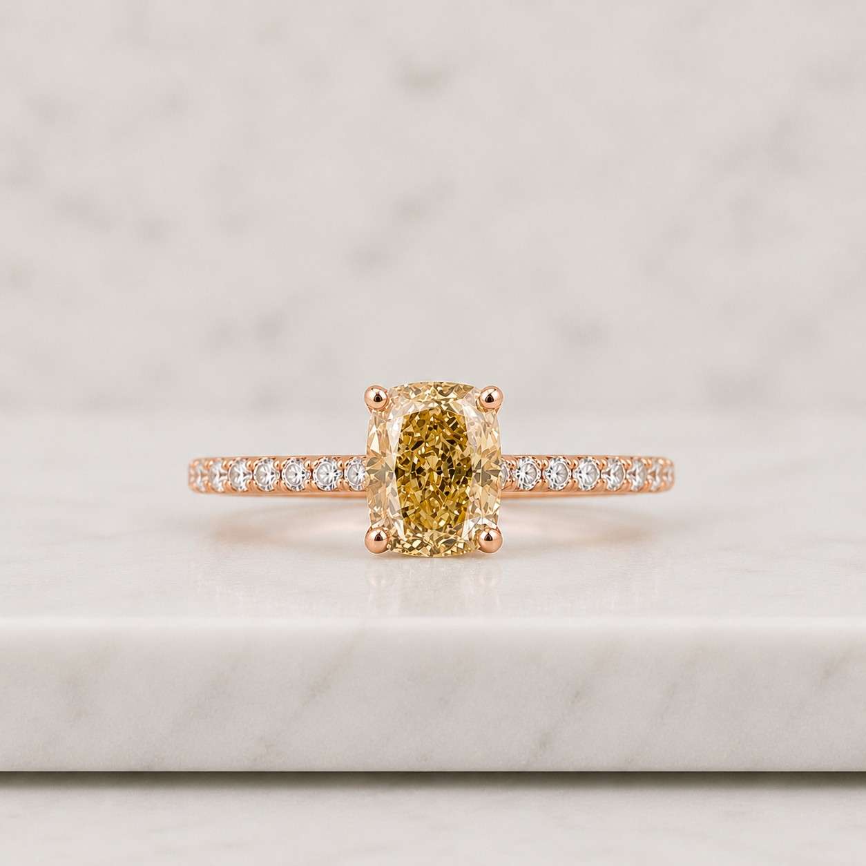 cushion diamond ring yellow moissanite ring lab grown diamond yellow cubic zirconia champagne diamond ring fancy color diamond conflict free diamond ethical gemstone sustainable jewelry center stone ring