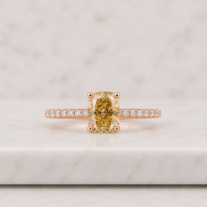 cushion diamond ring yellow moissanite ring lab grown diamond yellow cubic zirconia champagne diamond ring fancy color diamond conflict free diamond ethical gemstone sustainable jewelry center stone ring