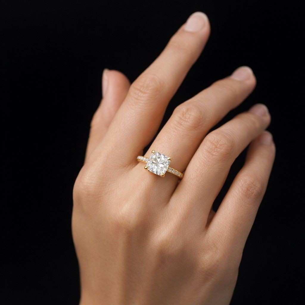 Solid Gold Cathedral Cushion Moissanite Engagement Ring, Hidden Halo Pave Proposal Ring
