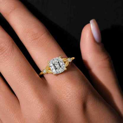 cushion engagement ring gold engagement ring cushion solitaire ring leaf engagement ring floral engagement ring vintage inspired ring nature inspired ring slim gold ring