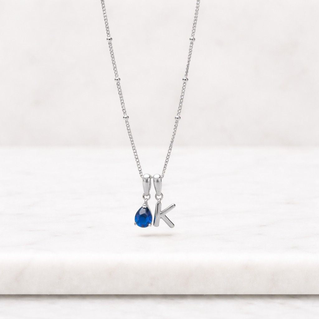 custom gift gift for her personal jewelry monogram pendant letter jewelry tiny necklace small charm floating charm blue crystal pendant luxury necklace classic necklace