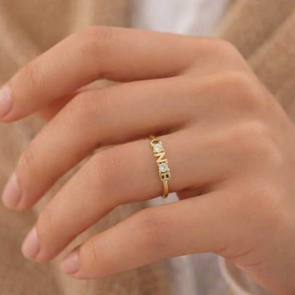 14K Solid Gold Name Ring: Custom Engraved Bar Ring, Dainty Gold Promise Band
