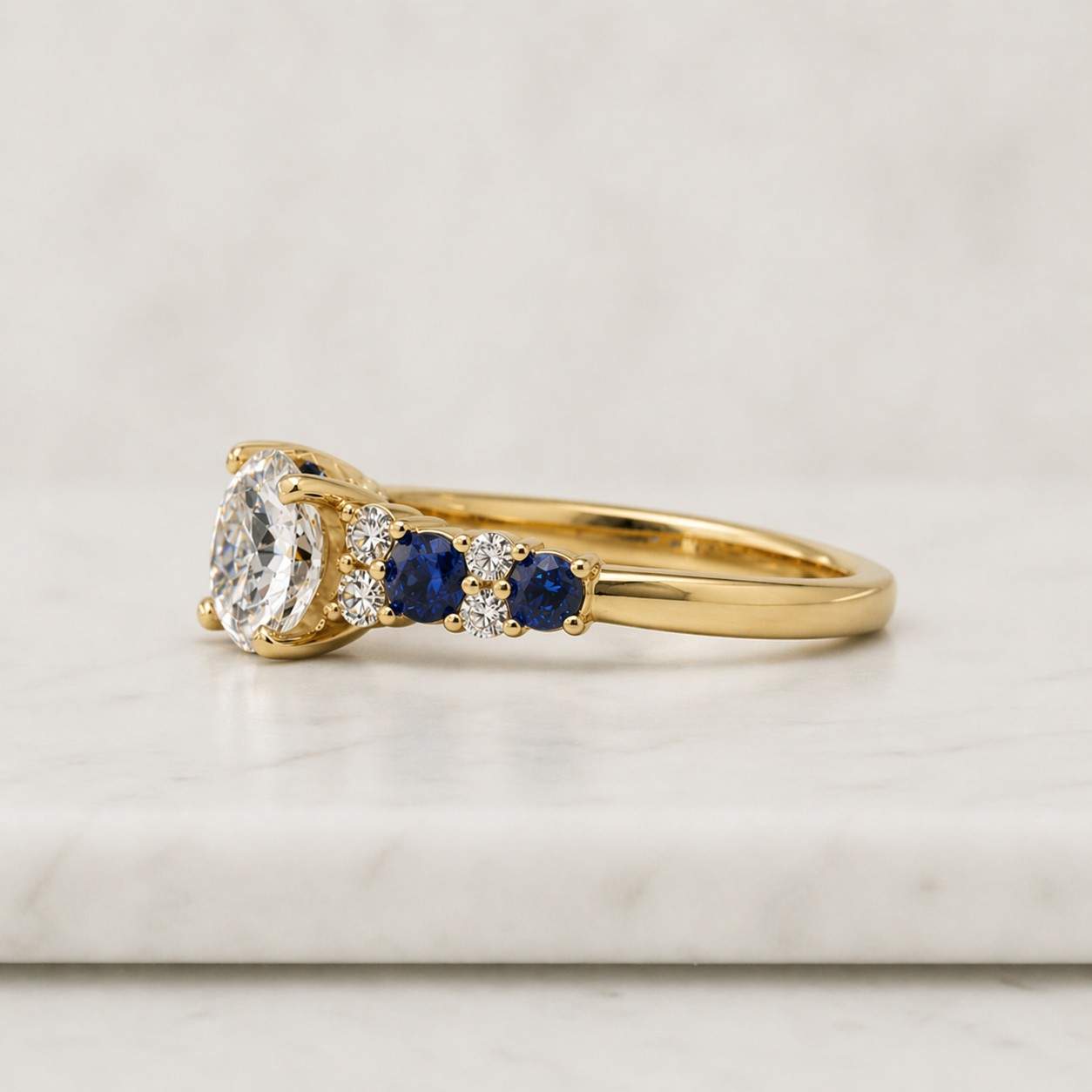 Diamond & Sapphire Three Stone Engagement Ring, 14K Gold Plated Handmade Bridal Ring, Women’s Gift for Her
