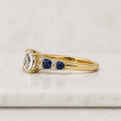 Diamond & Sapphire Three Stone Engagement Ring, 14K Gold Plated Handmade Bridal Ring, Women’s Gift for Her

