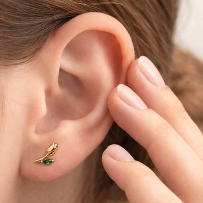 dainty emerald stud earrings gold floral design minimalist jewelry small green gemstone earrings for women gift for her anniversary birthday everyday wear fine gold earrings