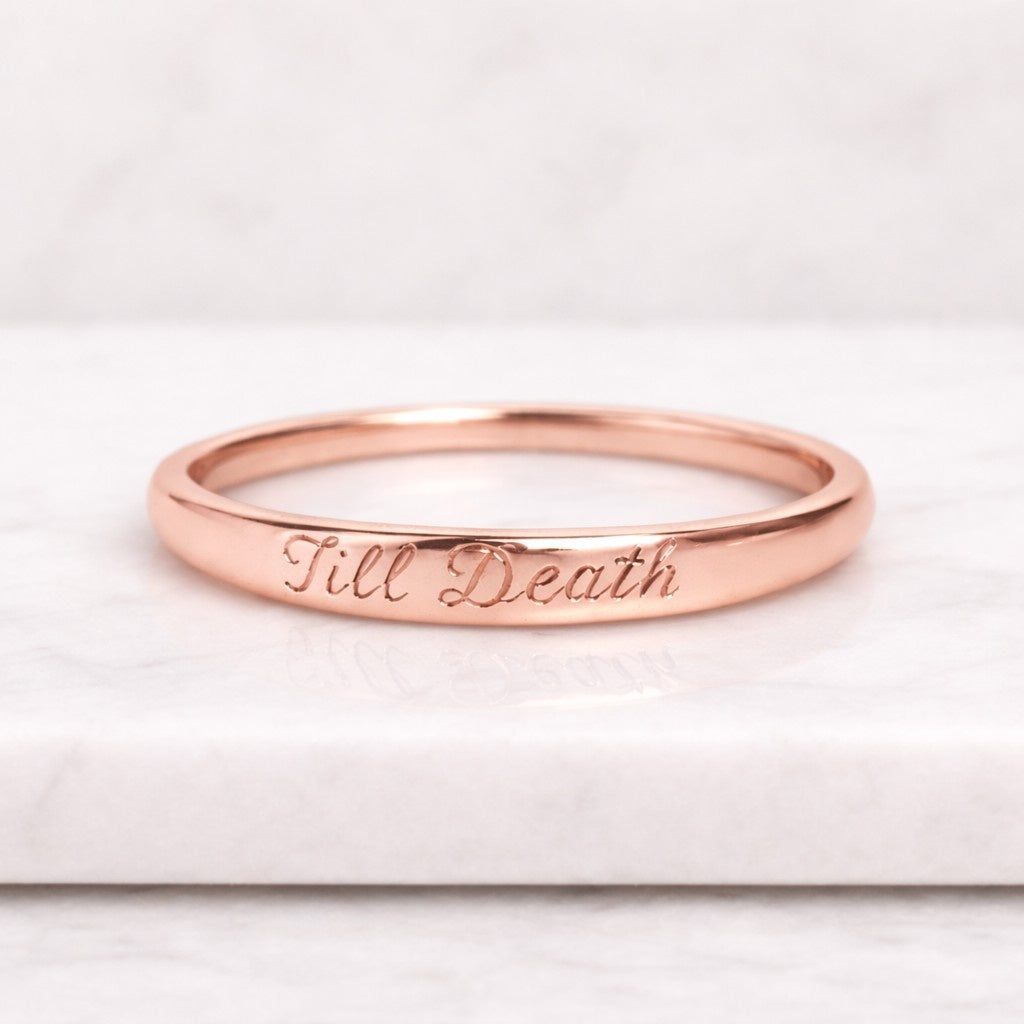 personalized "til death" engraved ring, gothic font wedding band, gold minimalist promise ring, couples anniversary gift
