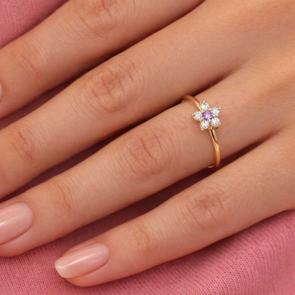 amethyst & diamond halo stacking ring, minimalist style engagement ring, 14k yellow gold, flower ring, february birthstone, promise ring
