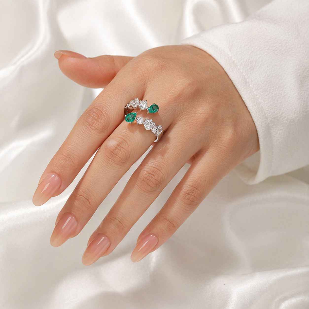 emerald pear cut open ring, double stone pave band, sterling silver gold plated
