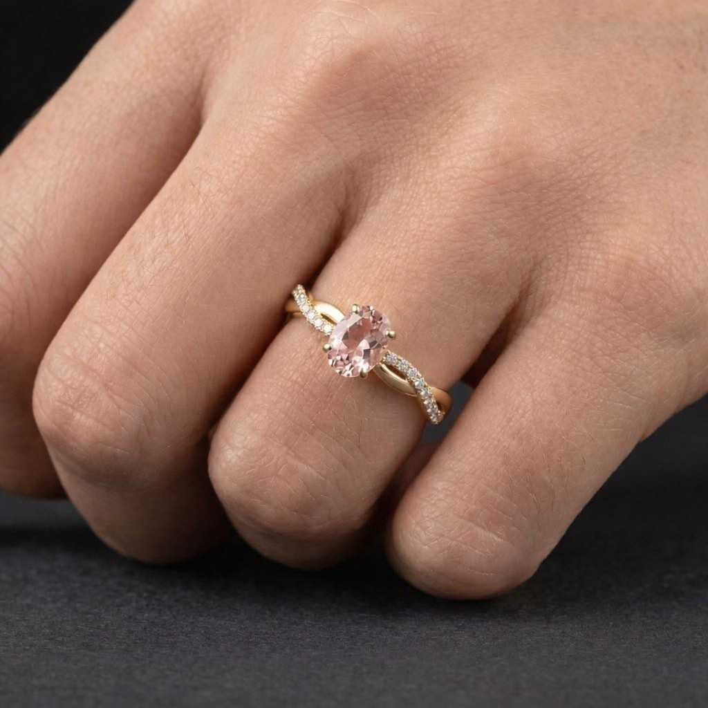 oval cut pink sapphire engagement ring vintage rose gold ring diamond ring unique twisted band moissanite ring promise ring anniversary ring