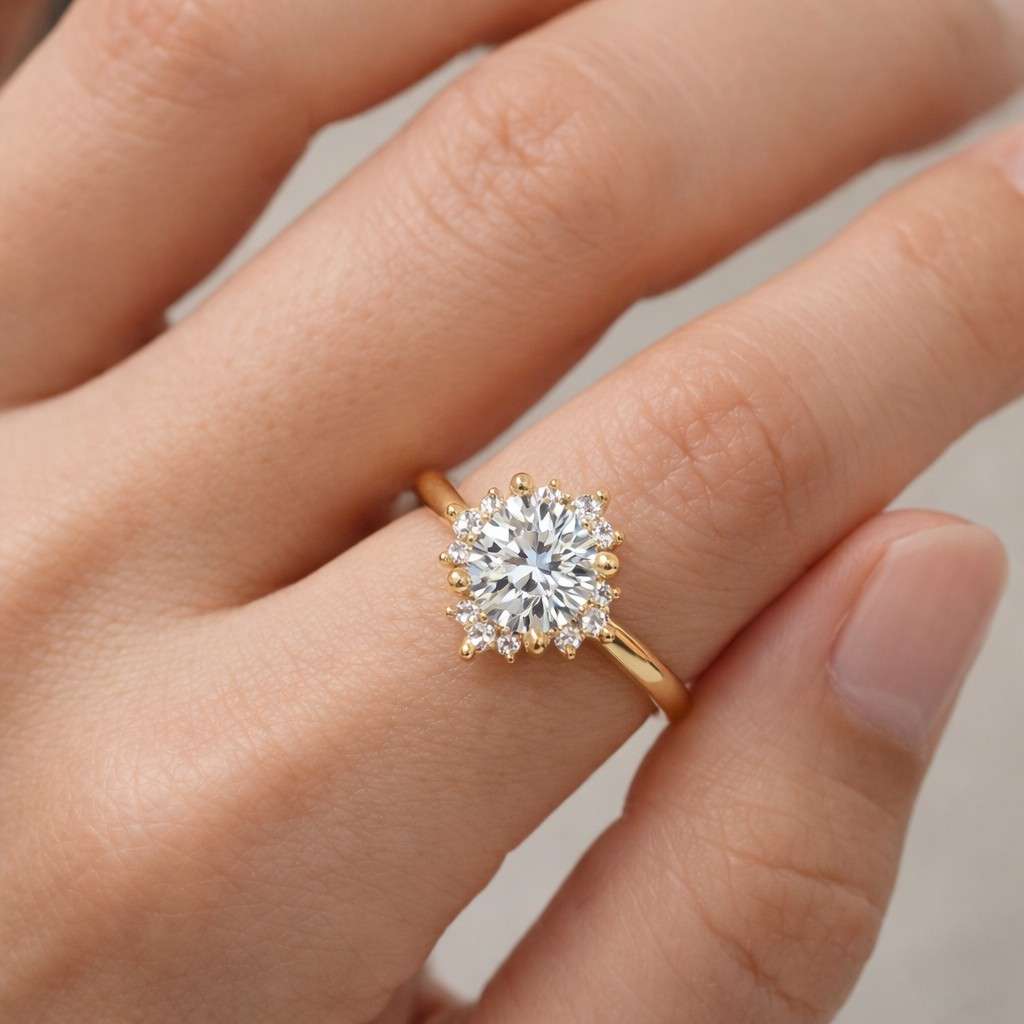 round lab grown diamond halo engagement ring, 14k yellow gold side pear diamond solitaire, comfort fit vintage promise anniversary ring
