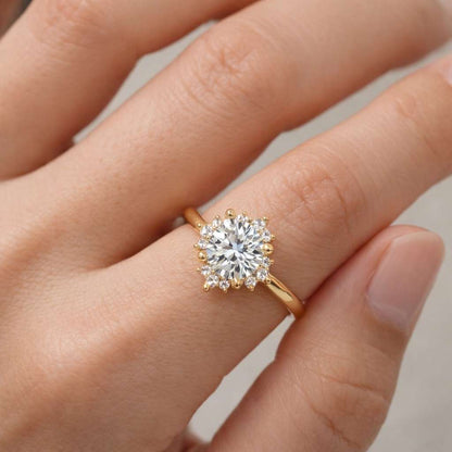 Round Lab Grown Diamond Halo Engagement Ring, 14K Yellow Gold Side Pear Diamond Solitaire, Comfort Fit Vintage Promise Anniversary Ring
