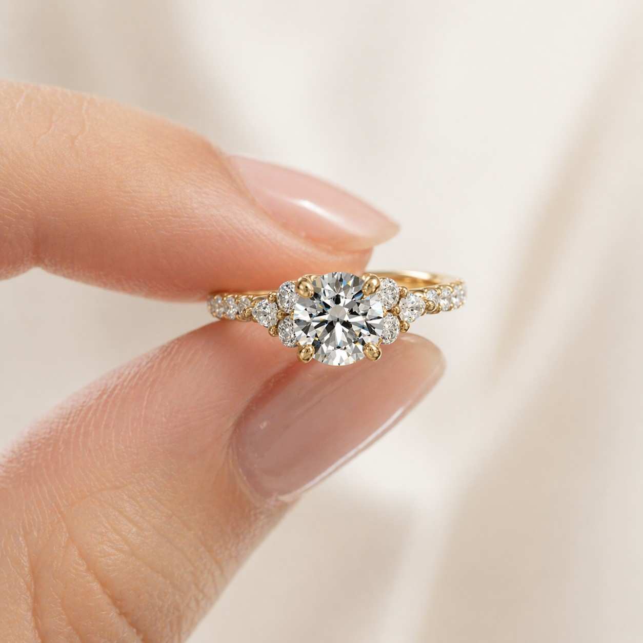 minimalist gold engagement ring, round cut moissanite ring, petite three stone bridal ring, wedding ring for her
