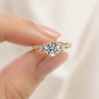 Minimalist Gold Engagement Ring, Round Cut Moissanite Ring, Petite Three Stone Bridal Ring, Wedding Ring for Her
