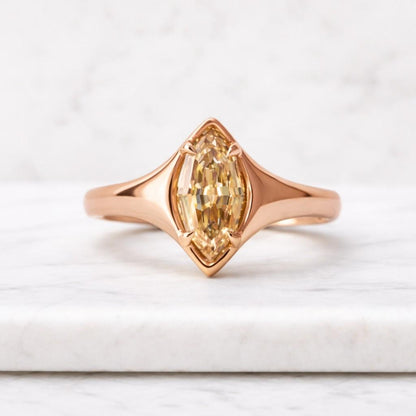 Marquise Champagne Diamond Bezel Ring | Minimalist Gold Solitaire Engagement Ring
