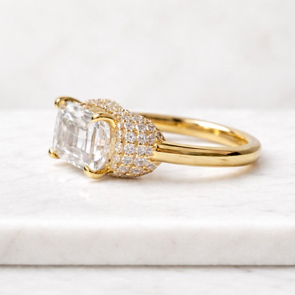 3CT Emerald Cut Diamond Engagement Ring, 14K Gold Three Row Pave Band Ring, Minimalist Solitaire Ring, Hidden Halo Anniversary Gift for Her
