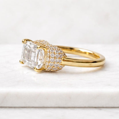 3CT Emerald Cut Diamond Engagement Ring, 14K Gold Three Row Pave Band Ring, Minimalist Solitaire Ring, Hidden Halo Anniversary Gift for Her
