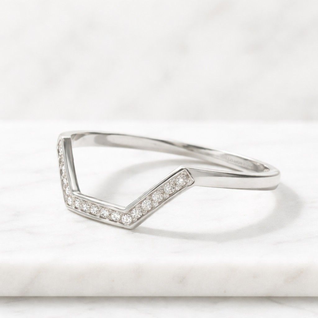 v shaped diamond ring, chevron wedding band, curved stacking ring, minimalist diamond band, nesting ring, bridal guard ring