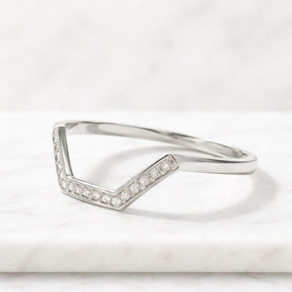 V Shaped Diamond Ring, Chevron Wedding Band, Curved Stacking Ring, Minimalist Diamond Band, Nesting Ring, Bridal Guard Ring