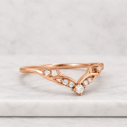 14K Gold Curved Diamond Wedding Band, Round Cut Lab Grown Diamond Wavy Stacking Ring, Minimalist Ring.