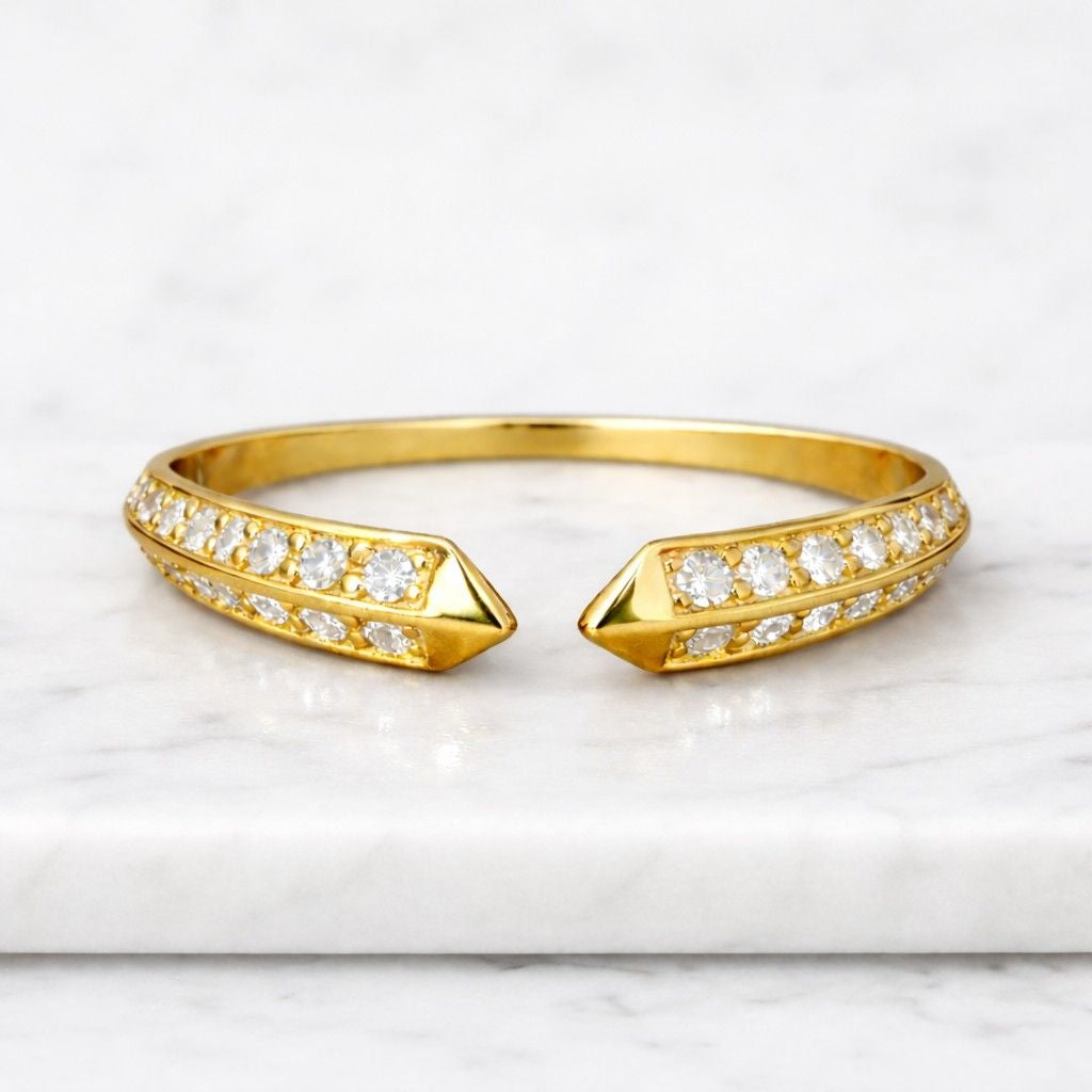 Round Cut Lab Grown Diamond Open Cuff Ring 14K White Gold Minimalist Adjustable Ring for Women Pave Set Band Statement Ring Gift For Her
