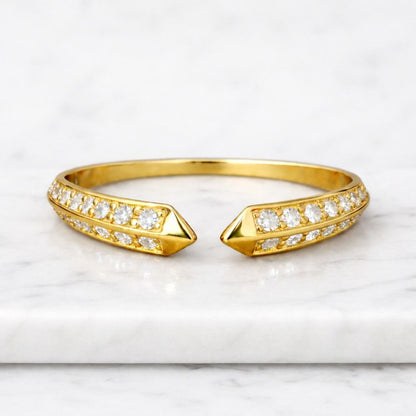 Round Cut Lab Grown Diamond Open Cuff Ring 14K White Gold Minimalist Adjustable Ring for Women Pave Set Band Statement Ring Gift For Her