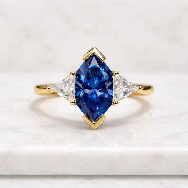 14K Gold Marquise Cut Blue Sapphire Three Stone Engagement Ring, Trillion Diamond Side Stone Ring, 