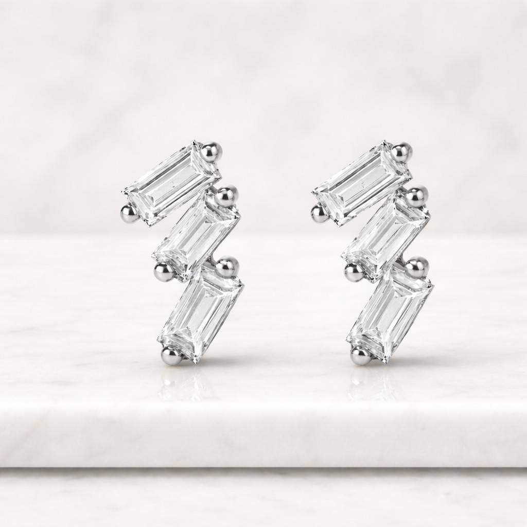 three stone moissanite stud earrings, 3tcw pear, oval & emerald cut diamond women's earrings, 14k gold screw back earrings, birthday gift
