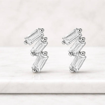 Three Stone Moissanite Stud Earrings, 3TCW Pear, Oval & Emerald Cut Diamond Women's Earrings, 14K Gold Screw Back Earrings, Birthday Gift