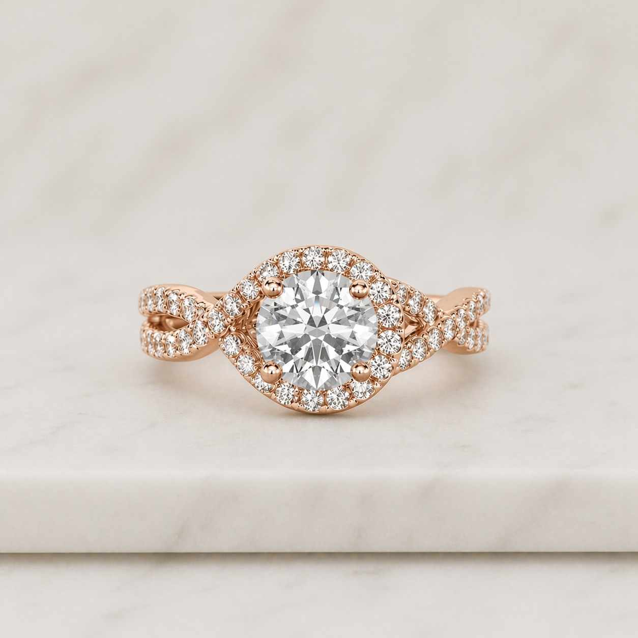 round lab grown diamond engagement ring with triple row pave set band in 14k gold, hidden halo