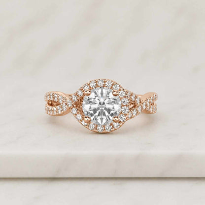 Round Lab Grown Diamond Engagement Ring With Triple Row Pave Set Band in 14K Gold, Hidden Halo