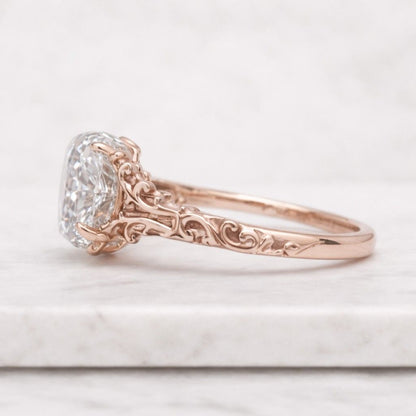 Vintage Art Deco Engraved Wedding Band, Brilliant Round Lab Grown Diamond Ring, Solitaire Engagement Ring, 14K Gold Proposal Ring for Her