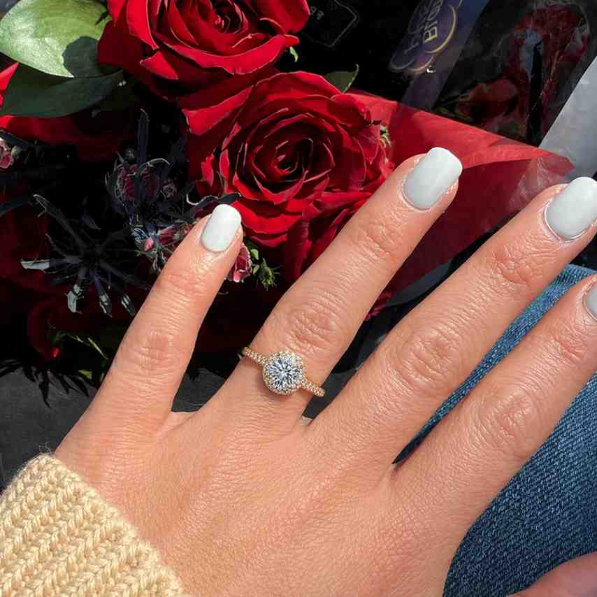 Solid Gold Hidden Halo Round Cut Moissanite Engagement Ring, Half Pave Dainty Wedding Ring, Promise Ring, Proposal Ring, Gift