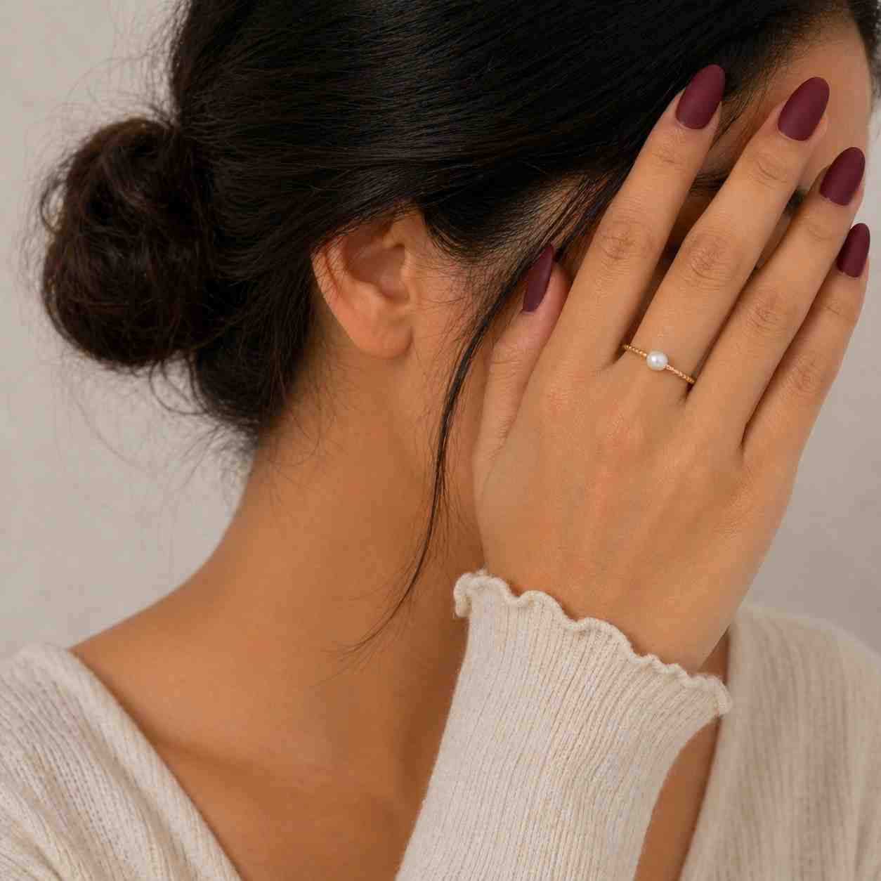 14K Solid Gold Pearl Engagement Ring Three Stone Fresh Water Moissanite Accent Band Minimalist Stacking Bridal Jewelry Gift for Girlfriend
