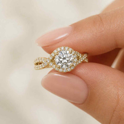 Real Lab Grown Diamond Engagement Ring Unique Round Diamond Ring Twisted Band Ring for Anniversary Gifts Solid Yellow Rose White Gold Rings