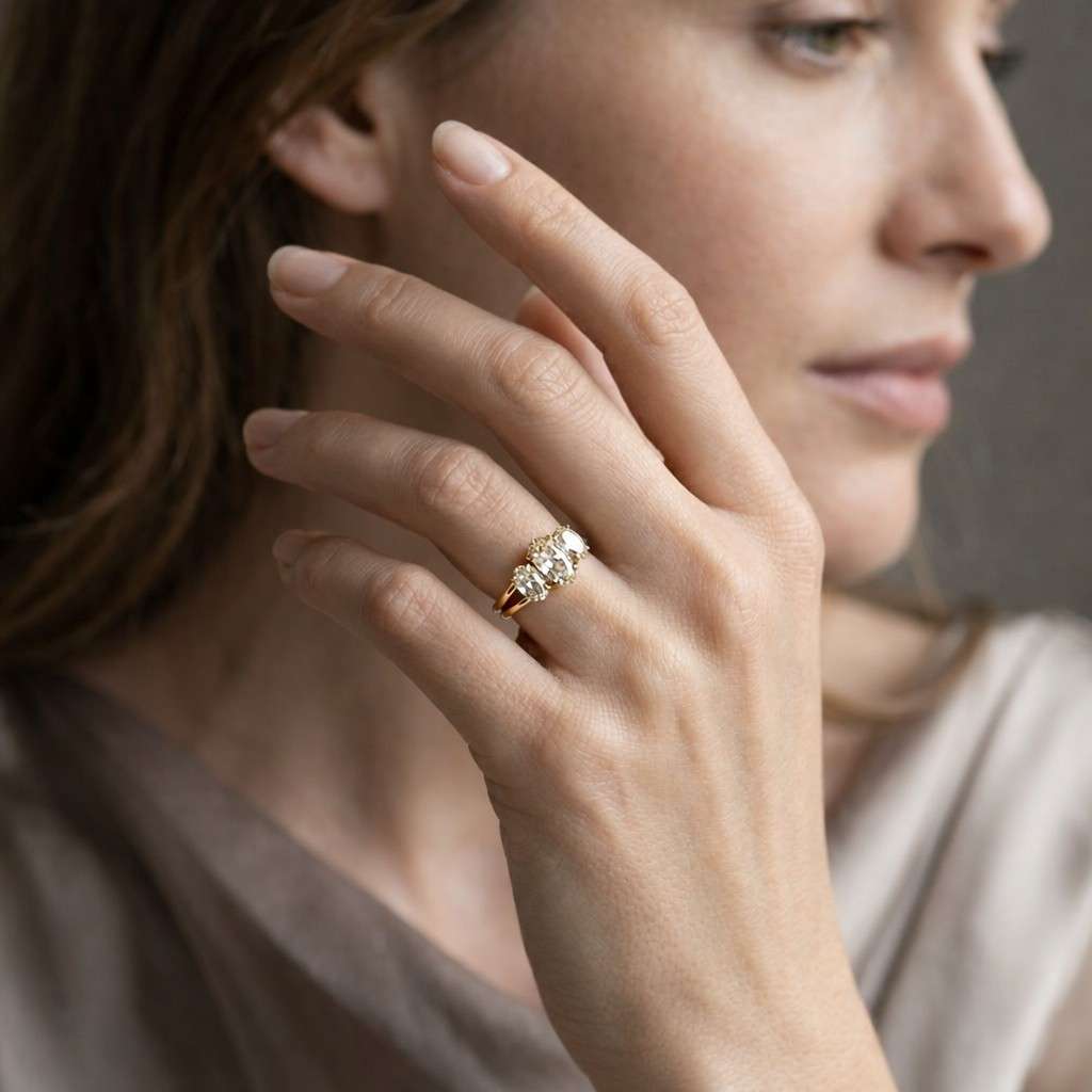 three stone lab diamond ring oval diamond engagement ring oval trilogy ring side half moon diamond ring 2 ct oval diamond anniversary ring