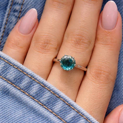 Green Oval Cut Sapphire Engagement Ring, Round Yellow Gold, Three Stone Ring