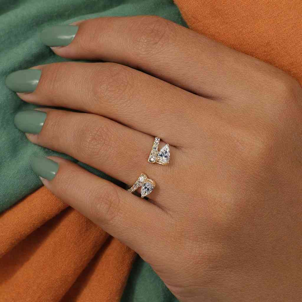 Open Cuff Wedding Band, Two Stone Round& Pear Cut Engagement Ring, Vintage Open Cuff Matching Band, 14KGold Custom Lab Grown Bridal Ring Set
