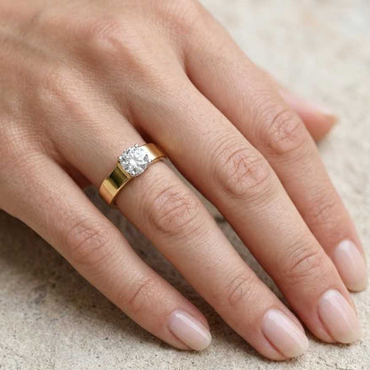 Wide Band Solitaire Diamond Ring, 2.00 CT Round Brilliant Cut Moissanite Engagement Ring, Yellow Gold Womens Wedding Ring, Anniversary Gifts