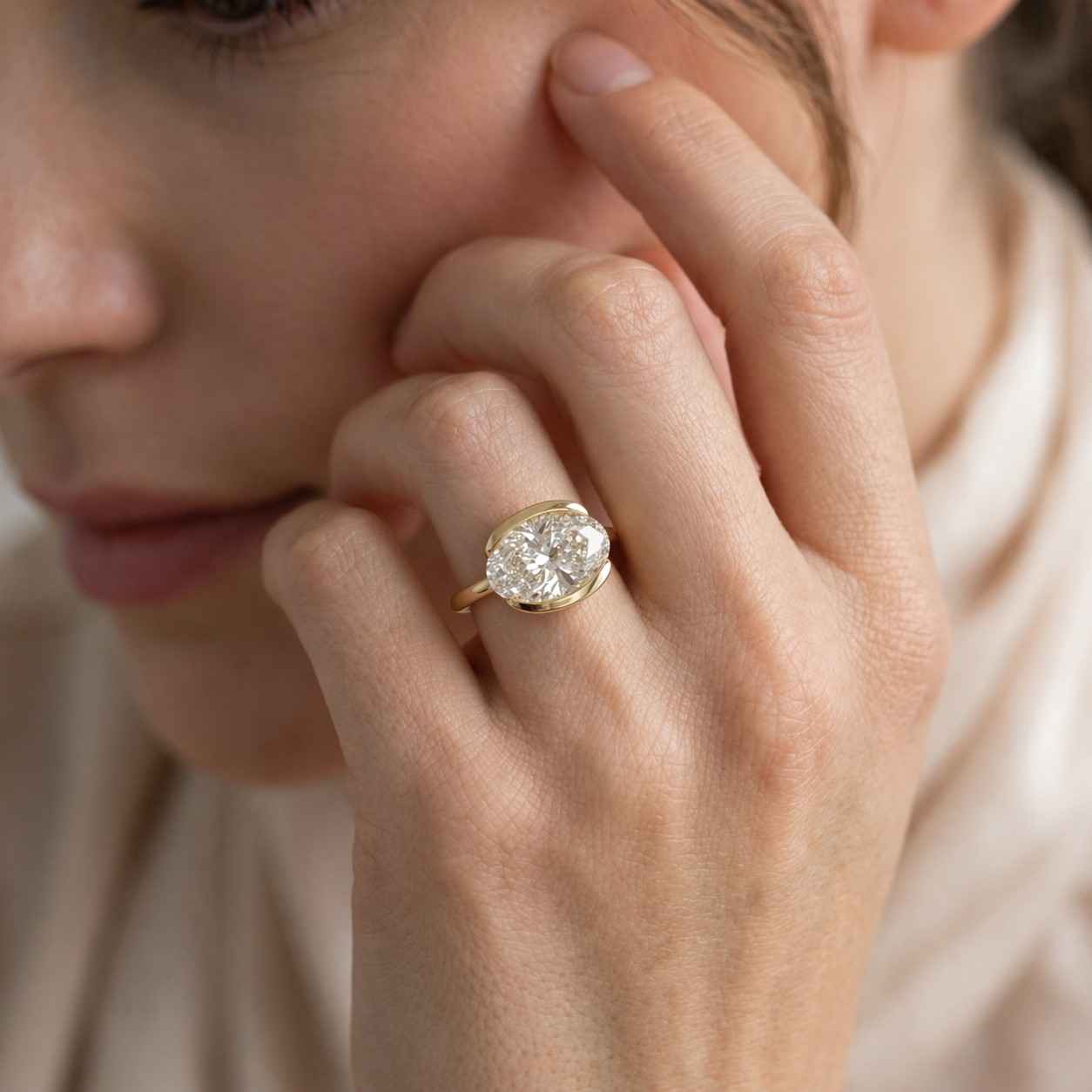 2.00 CT Oval Moissanite Engagement Ring 14K Yellow Gold, Minimalist East West Semi Bezel Set Solitaire, Unique Floating Modern Wedding Ring
