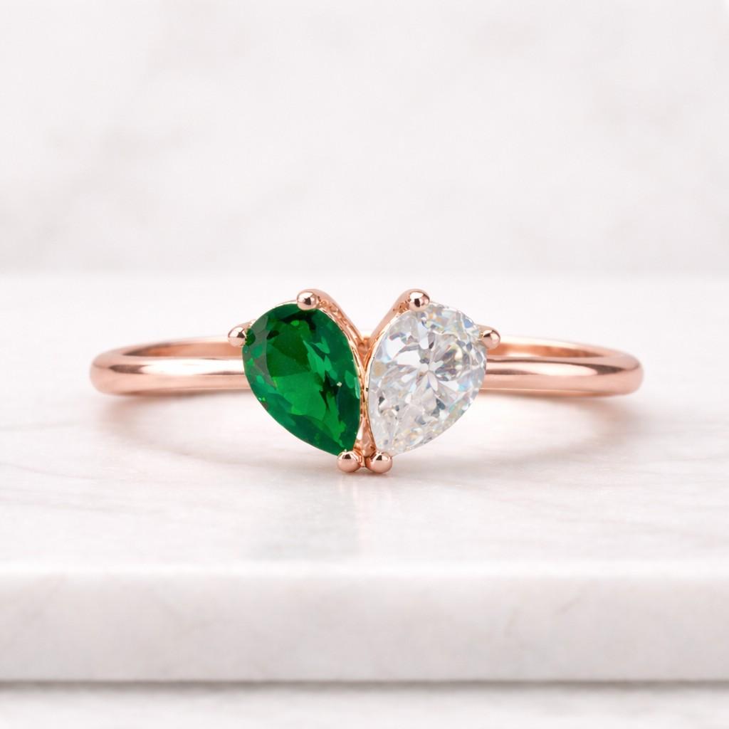 megan fox ring, green emerald pear & round cut diamond engagement ring, two stone accent ring, toi et moi bypass ring, 14k white gold ring