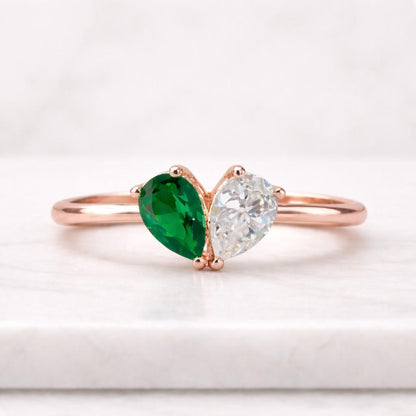 Megan Fox Ring, Green Emerald Pear & Round Cut Diamond Engagement Ring, Two Stone Accent Ring, Toi Et Moi Bypass Ring, 14K White Gold Ring