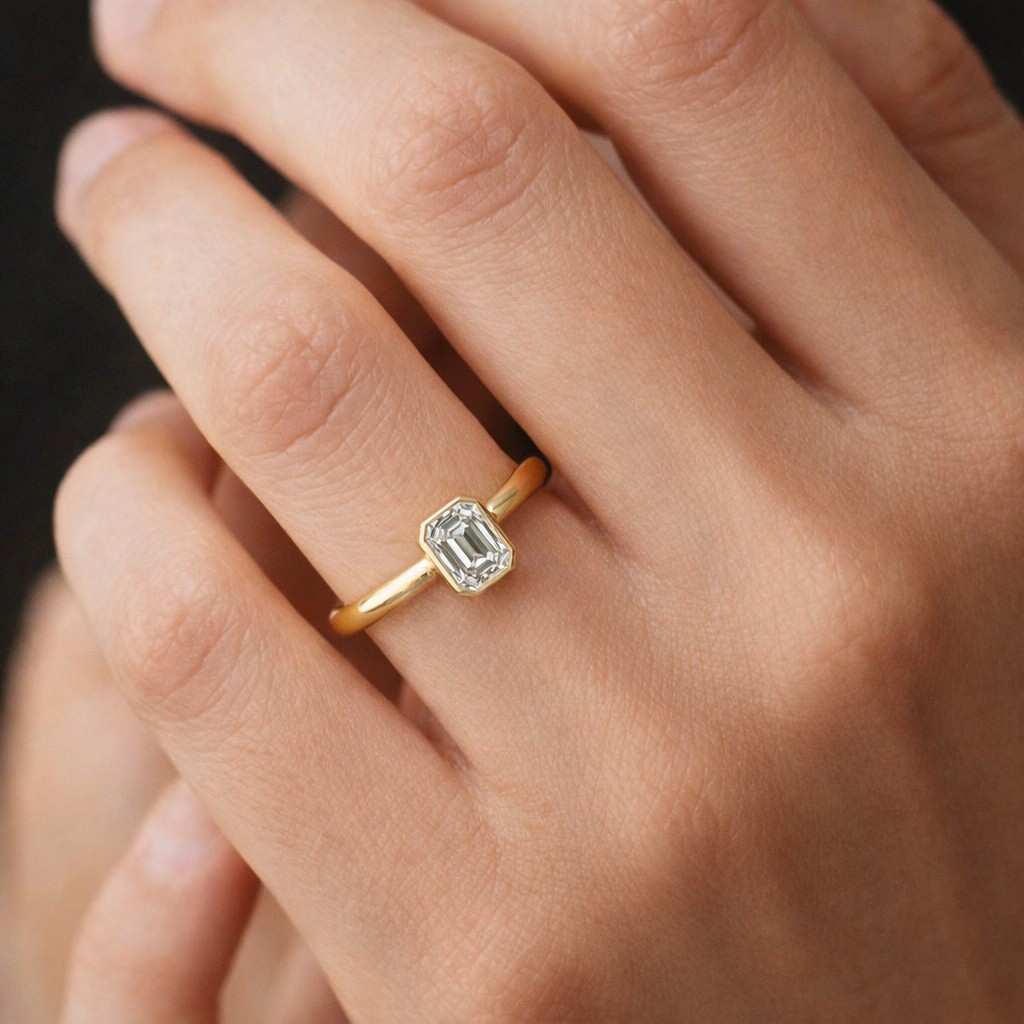 Emerald Cut Moissanite Diamond Bezel Engagement Ring in Yellow Gold Finish , Classic Wedding Jewelry Gift for Her
