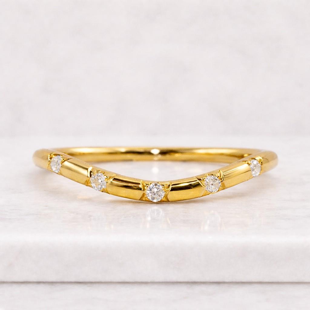 curved matching band, round moissanite engagement ring, five stone promise band, 925 silver flush set ring, contour chevron ring for her
