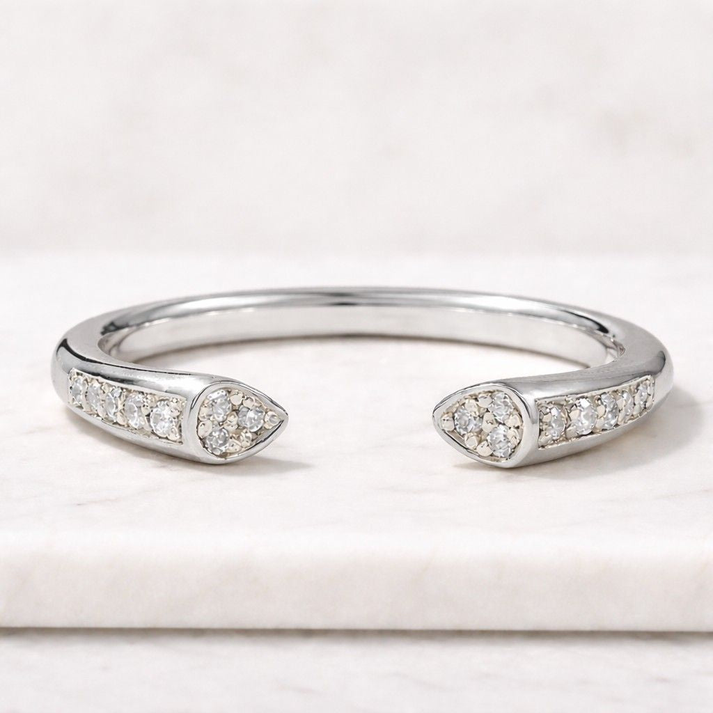 2.00 mm round cut cvd diamond open cuff ring, minimalist stacking ring, pave set lab grown diamond dainty wedding band, gift for her