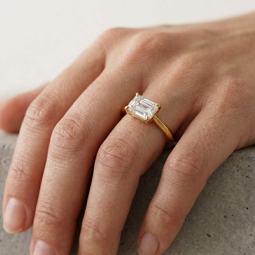 east to west solitaire genuine lab grown diamond ring, emerald cut minimalist wedding ring, 14k solid gold ring, dainty ring, wedding ring
