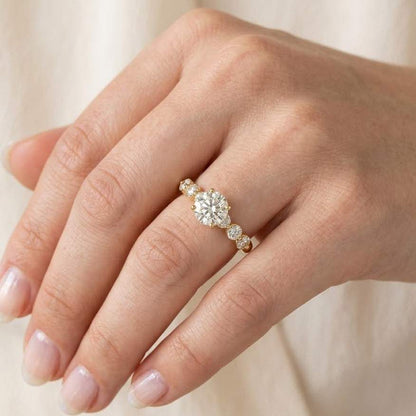 Pave Set Side-Stone Round Moissanite Engagement Ring / 14k Solid Gold Moissanite Ring for Women / 1, 1.5, 2 CT Promise Ring