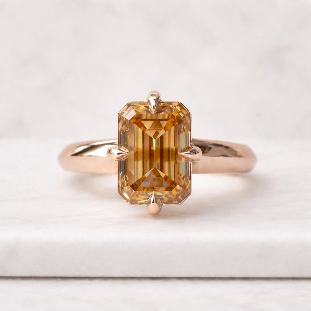 Solid Gold 5mm Band Emerald Cut Moissanite Engagement Ring, Brushed Finish Proposal Ring