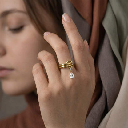 Pear Diamond Dangle Ring | Modern Gold Knot Band | Minimalist Statement Bridal Jewelry

